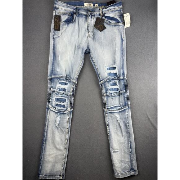 NWT FWRD Denim Jeans Mens Size 36 Blue Multi Distressed Denim Biker Moto - Picture 1 of 9